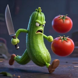 detailed 3 d render of an angry zucchini character chasing a tomato figure with a knife in hand, hyper realistic octane render, dramatic scene, nightmare, surrealism, pixar, disney, cartoon