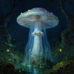 a close - up rococo portrait of a futuristic iridescent mushroom ghost phantom standing in water, moss, and swamp. fireflies night time. rich blue and deep emerald colors, high contrast. gloomy, highly detailed 1 8 th century sci - fi fantasy masterpiece painting by jean - honore fragonard, moebius, and johfra bosschart. artstation