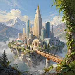 futuristic cyberpunk city under kashmir mountains, hill valley grec greeble temple of olympus glory island little wood bridge painting of tower ivy plant in marble late afternoon light, wispy clouds in a blue sky, by frank lloyd wright and greg rutkowski and ruan jia