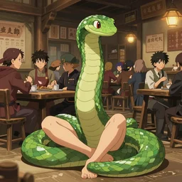 an anime with a serpent man with a snake tail and no legs seated in an old crowded and lively tavern full of fantasy spirits and heroes, art by yuji ikehata and satoshi kon, background art by miyazaki, realism, proper human male proportions, fully clothed, dungeons and dragons
