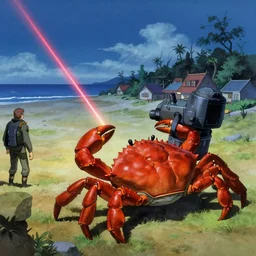 shoulder shot of a gigantic crab crawling towards village near a beach and [ laser ] [ turret ] [ attached ] to crab, by ralph mcquarrie, tyler jacobson by peter mohrbacher, cinematic lighting