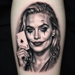 tattoo design of beautiful margot robbie with a little joker makeup, holding an ace card, slight smile, in the style of den yakovlev, realistic face, black and white, realism tattoo, hyper realistic, highly detailed
