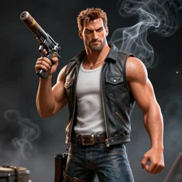 duke nukem, cigar, smoky background, holding gun,