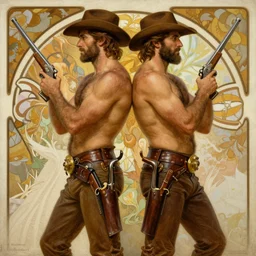 a homoerotic painting by gaston bussiere, craig mullins, alphonse mucha tom of finland | two attractive hairy cowboy gunslingers in love standing back to back | bandoliers, shirtless, leather clothing | natural lighting, path traced, highly detailed, high quality, digital painting, trending on artstation