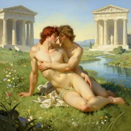achilles and patroclus in elysium, beautiful, sunlit landscape, river, flowers, greek temple, grass, ultra realistic, octane render, alphonse mucha, artgerm, greg rutkowski, illustration, very detailed, elegant, lonely atmosphere, sharp focus