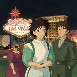 las vegas at night, in the style of studio ghibli, j. c. leyendecker, greg rutkowski, artem