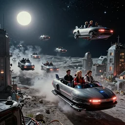 people are driving hovercraft to work in a Russian cyberpunk slum city called Neo Norilsk on the Moon, at night, diverse, lively, black sky full of stars, blinding sun, sci-fi, lots of flying cars, levitation, cyberpunk outfits, photorealistic, grainy, 35mm, intricate, very very beautiful, elegant, smooth, cinematic, Unreal Engine 5, by Beeple, trending on Artstation HD