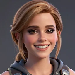 textured film grain eye shadow smoky eyes subsurface scattering fashion model face smiling laughing squinting emma watson as a fortnite character cgsociety octane render unreal engine redshift render trending on artstation trending on artstation render blender behance cg superhero