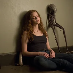 movie still of a beautiful woman sat against a wall unconscious with a alien facehugger on her face, cinematic full shot.