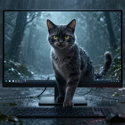 a very cool computer wallpaper, rain themed, warrior cats, unreal engine