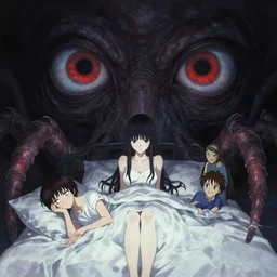 bed girl giant cthulhu giant eyes in the dark by gaston bussiere, anna nikonova aka newmilky, greg rutkowski, yoji shinkawa, yoshitaka amano, tsutomu niehi, moebius, donato giancola, geoffroy thoorens, concept art, trending on artstation, featured on pixiv, cinematic composition, 8 k