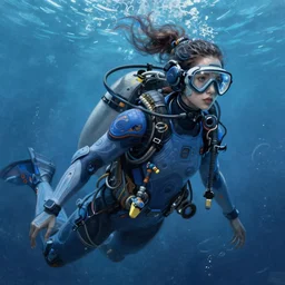 a hyper detailed painting of a cyberpunk scuba girl, cables everywhere, blue tones, underwater, highly detailed, digital painting, artstation, concept art, smooth, sharp focus, illustration, art by artgerm and greg rutkowski and alphonse mucha