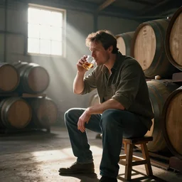sitting on a small wooden stool a large man sips a tiny tumbler of whisky in a whisky factory with barrels stacked up to the sealing. beautiful atmospheric lighting, sunlight beaming through open windows, small dust particles in the air. unreal engine 5, v - ray, 8 k, ultra hd, god rays.