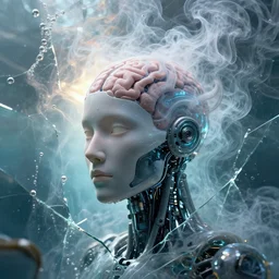 robot cyborg head, portrait, artificial consciousness, delirium, chaotic storm of twisting liquid smoke, by tom whalen, dan mumford, liam brazier, peter mohrbacher, shattered glass, bubbly underwater scenery, radiant light