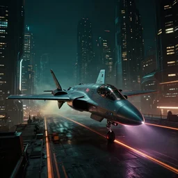 futuristic sci fi jet lands at runway of cyberpunk city, night photo ,dark cinematic lighting , digital concept art, bladerunner 2049