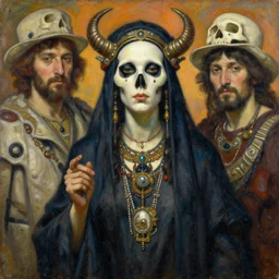portrait of a female shaman goddess wizard of skulls, oil on canvas, by jeffrey catherine jones and denis sarazhin and mucha