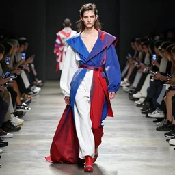 dystopian fashion incorporating red white and blue, brutalist fashion show