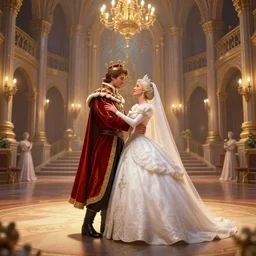 highly detailed digital illustration of a newly married king and queen dancing at their wedding in the grand ballroom of a fantasy castle | fantasy art, cryengine, concept art, photorealism, daz 3 d, sketchfab, zbrush, vray, rule of thirds, golden ratio
