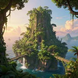 beautiful render of an island world, overgrown temple, unreal engine, first light, jungle, rivers, bridges, rainforest, vines, trees, rocky outcroppings, ocean, serene sunsets, soft light, vibrant colors, by greg rutkowski, cgsociety