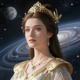 portrait of the powerful empress of the solar system in the style of charlie bowater and in the style of gerald brom. glowing, ornate and intricate linework, sharp focus, stunning, dynamic lighting, ultrafine and hyperdetailed.