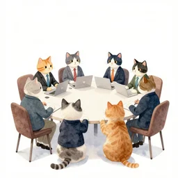 watercolor illustration style, cats in jackets research meet in big table, business, inspiring art