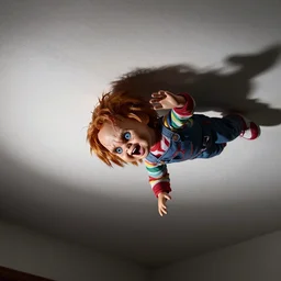 security camera footage of screaming chucky doll crawling on the ceiling