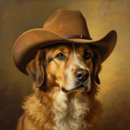 dog with cowboy hat, painted by rembrandt, intricate, detailed, atmospheric lighting, golden hour.