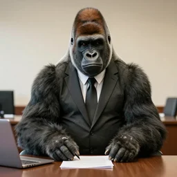 gorilla wearing a suit and tie, ready for a meeting