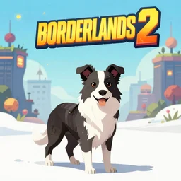 border collie in the style of borderlands 2. Borderlands 2 level background.