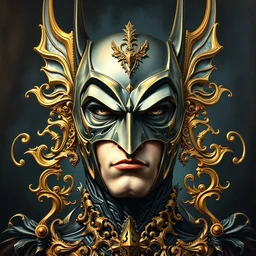 baroque portrait of batman. surreal, intricate, dark, shiny, metallic