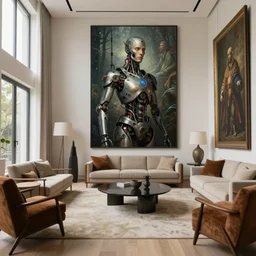 large modern room styled in antique and modern furniture, fantasy art portrait, ultra realistic, cinematic, wide angle, intricate details, cyborg, highly detailed by boris vallejo, caravaggio, aaron horkey, wayne barlowe, craig mullins, roberto ferri, francis bacon