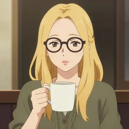 nerdy adult woman character, holding a coffee mug, by takeshi koike, blonde, hippie, highly detailed, dynamic shadows, 4 k, splash art