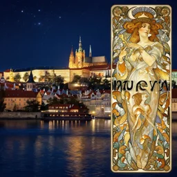 a view from the river of prague at night with the sky full of stars, intricate, elegant, highly detailed, digital painting, artstation, concept art, smooth, sharp focus, colored illustration for tattoo, art by krenz cushart and artem demura and alphonse mucha,