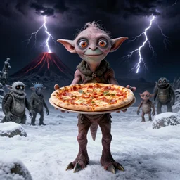 gollum smeagol is holding a pizza up to the camera, full body shot, snow grounds, volcano in the background, black sky, lightning, ultra detailed, ultra realistic, by beksinski, alejandro jodorowsky, giger, greg rutkowski, carne griffith trending on artstation, deviantart, photorealism