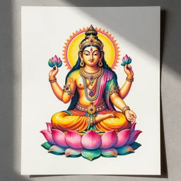 indian deity of luck, bright psychedelic colors, lotus pose, risograph, hyperrealis