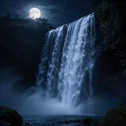 full shot of darkness waterfall at moonlight, inspired by Tim Burton, detailed, octane render, unreal engine 4k volumetric light, fog, darkness background