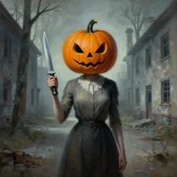 a magic surrealism painting of a pumpkin head woman holding a knife 🔪 stands in an abandoned asylum, beksinski, dariusz zawadzki, wayne barlowe, ethereal, dreamlike