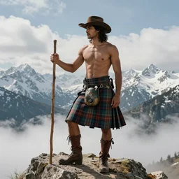 a full - body portrait by greg rutkowski and albert bierstadt of a gorgeous shirtless desi hiker on a mountain peak. he is wearing a tartan kilt, cowboy hat, and leather boots. he is holding a long wood pole. background is snowy mountains and clouds. homoerotic, highly detailed, detailed face, dramatic, ethereal, dreamlike. trending on artstation