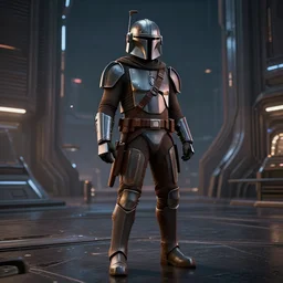 off angle beautiful full body shot film still of the mandalorian at night in science fiction city hard surface modeling unreal redshift