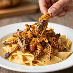 klaus schwab eating very delicious fried grasshoppers and worms, served with pasta, ultra realistic