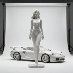 ( statue the perfect woman ) designed by porsche, studio photo, white backdrop, studio light, solid works, octane render, macro shot, in focus, dept of field, silver, blue, black design
