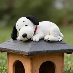 realistic photo of snoopy, sleeping on the roof of a doghouse. white fur dog. dalmatian. artstation, concept art, 4 k.