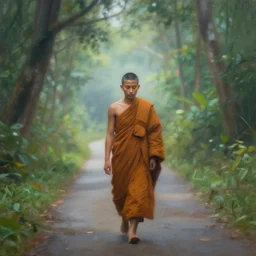 fuzzy painting of a young buddhist monk walking down a narrow road in jungle early morning