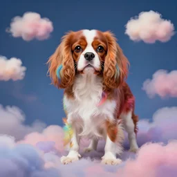 cavalier king charles spaniel, rainbow fur, dream whimsical clouds, art by artgerm