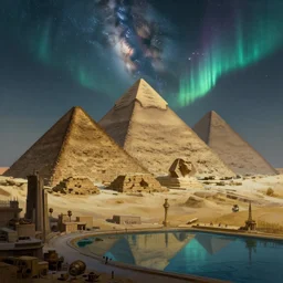 an establishing shot of the cyberpunk pyramids of giza, digital art, fantasy painting, at night time, ancient civilisation, ancient steampunk city, reflecting pool, milky way, aurora, northern lights, muted colours, by paul lehr, jesper ejsing