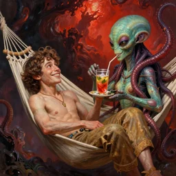 a picture of a smiling subgenius in a hammock, served a drink by beautiful tentacle alien woman, a detailed matte painting by mort kunstler, pixiv, kitsch movement, hellish background, movie poster, official art