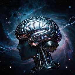 2 8 mm macro photo of a dark black shiny plastic metallic silver brain with sparkling neon lights in a nebula with electric wires as seen from a distance, by greg rutkowski, canon 5 0 mm, film, photography, cyberpunk, esuthio, craig mullins, 1 / 4 headshot, cinematic lighting, dystopian scifi gear, gloomy, profile picture, mechanical, half robot, implants, solarpunk