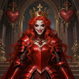 redhead queen in heavy redarmor, inside an epic gothic castle, baroque hearts, large crown, face with scars, mad grin, intimidating, ominous, high fantasy, intricate detail, digital painting, artstation, concept art, smooth, sharp focus, illustration, art by yoshitaka amano and monia merlo and wlop