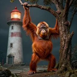 realistic image of a orange orangutan weared in coat climbing on lighthouse as tree, light blonde shoulder - length hair, full body, stand on stone floor, under the lighting torch, fantasy dungeon, by ilya kuvshinov