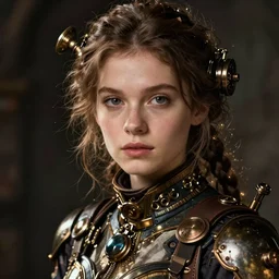close - up portrait of young steampunk woman futuristic dressed, art by sarah moon